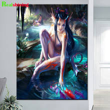 Pintura de diamantes de sirena multicolor, mosaico bordado de diamantes de imitación, sirena, bosque, planta, lago, pez, Cuadrado completo, redondo, chica, N1635 2024 - compra barato