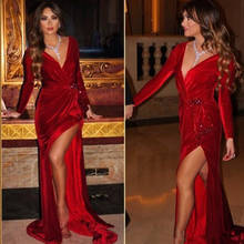 Vestido de noche de terciopelo con cuello en V, traje Sexy con cuentas, abertura lateral, mangas largas, rojo, para fiesta, Dubai, Marruecos, caftán 2024 - compra barato