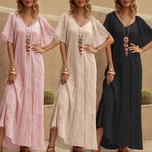 ZANZEA 2021 Women's Summer Sundress Elegant Solid Ruffle Dresss Casual Short Sleeve Maxi Vestidos Female V Neck Robe  2024 - buy cheap