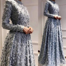 Dusty Blue Evening Dress arab 2019 Muslim Crystal Pearl Flower Lace Formal Prom Party Gown Long Sleeves A Linevestidos de fiesta 2024 - buy cheap