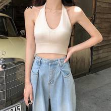 2020 Sexy Streetwear White Knitted Women Camis Fashion V neck Backless Bandage Crop Top Vintage Cropped Women Tank Top 2024 - buy cheap