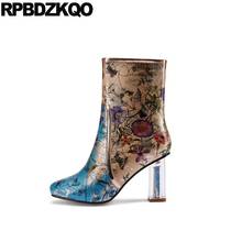 Transparent 13 45 12 44 Big Size High Heel Floral Print Clear Side Zip Boots Booties Shoes Square Toe Chunky Handmade Flower New 2024 - buy cheap