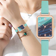 Часы женские кварцевые с квадратным циферблатом, Модный комплект с браслетом, роскошные простые часы с кожаным ремешком, розовое золото с зеленым циферблатом 2024 - купить недорого