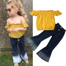 3-7Y Fashion Kids Baby Girl Summer Clothing Girl Outfits Solid Off Shoulder Tops+Jeans Flare Pants Outfit 2pcs 2024 - buy cheap