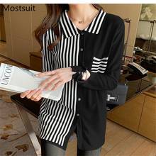 Color-blocked Striped Knitted Shirt Cardigan Women Full Sleeve Single-breasted Pocket Sweater Casual Fashion Loose Female Jumper 2024 - купить недорого