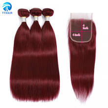 TTHAIR 99jBurgundy Red Raw Peruvian Straight Remy Human Hair Wine Colored Weave 3 Bundles With Closure 2024 - buy cheap