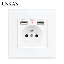 UNKAS-toma de corriente de pared estándar francés, Panel de cristal blanco, 2.1A, puerto de cargador USB Dual para móvil, 16A, nuevo, 2019 2024 - compra barato