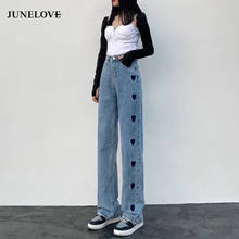 JuneLove New Wide Leg Jeans Women Love Printed Vintage Harajuku Loose Casual Denim Pants Spring Street High Waist Woman Trousers 2024 - buy cheap