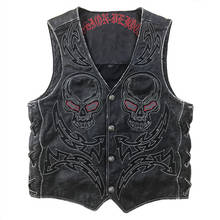 2020 Black Men Skulls Embroidery Motorcycle Plus Size 5XL Genuine Cowhide Short Biker's Leather Vest FREE SHIPPING 2024 - buy cheap