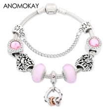Anomokay Lovely Pink Murano Crystal Charm Bracelet Forest Bird Heart Bead Bracelet DIY Love Heart Pendant Bracelet Femme 2024 - buy cheap