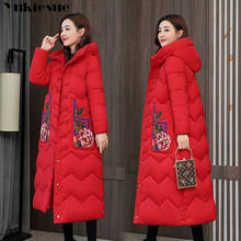 Casaco feminino bordado, jaqueta longa com capuz acolchoado de algodão, estilo chinês, quente para uso externo, 2020 2024 - compre barato