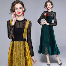 JSXDHK S-XXL New Runway Women Self-Portrait Pleated Dress Spring Green Lace Patchwork Hollow Out Sexy Hook Flower Long Dresses 2024 - buy cheap