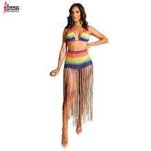 iDress 2020 Rainbow Hand Crochet Beach Two Piece Set Dress Halter Swimwear Bra Top Tassel Maxi Skirt Hollow Out Bohemian Dresses 2024 - buy cheap