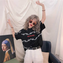 Camisa solta de manga curta estampada, camiseta feminina de verão coreana harajuku com letras impressas, gola redonda, de hip-hop e rua feminina, casual, 2020 2024 - compre barato