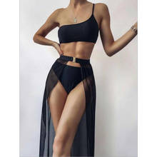 Sólido biquini feminino preto maiô com vestido longo mulher banho três peças verão vestido de praia maiô swim dropshipping 2024 - compre barato