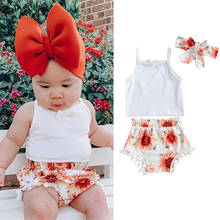 0-24M Baby Girl 3 Pcs Summer Outfits Solid Color Bowknot Tank Top Sunflower Print Pompom Shorts Headband Toddler Girls Set 2024 - buy cheap