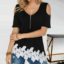 Blusa informal de encaje con manga corta para mujer, camisa Sexy con cuello redondo y cremallera, hombros descubiertos, para fiesta y vacaciones 2024 - compra barato