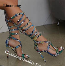 Linamong Summer Sexy Snake Leather Knee HIgh Stiletto Heel Gladiator Boots Strap Cross Long High Heel Sandal Boots Dress Heels 2024 - buy cheap