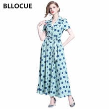 BLLOCUE 2020 Spring Fashion Runway Retro Dot Printed Shirt Dress Women's Short Sleeve Belted Vintage Print Holiday Long Dress 2024 - buy cheap