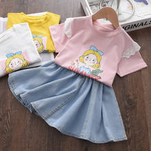 Girls Clothing Sets Summer Baby Girls Cartoon Print Tops And Denim Skirt Outfits Lace Accessories Children Summer Suits 2024 - buy cheap