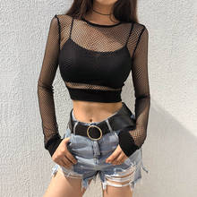 Women Solid Mesh Sheer T-shirt Long Sleeve Sexy See Through Clubwear Perspective Fishnet Crop Tops T-Shirt Womens Clothes Summer 2024 - buy cheap