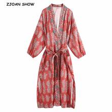 Богемное длинное кимоно с V-образным вырезом и цветочным принтом, рубашка в этническом стиле с поясом, длинный кардиган в стиле бохо, блузка с бантом 2024 - купить недорого