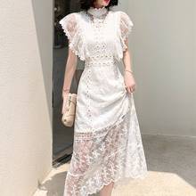 White lace vintage Long dress woman stand neck short sleeve hollow out elegant party dress 2020 New fashion summer sexy vestidos 2024 - buy cheap