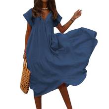 Однотонное женское платье в стиле бохо с V-образным вырезом и коротким рукавом, повседневное летнее свободное асимметричное Макси-платье 2020 2024 - купить недорого