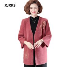 Xjxks casaco longo de lã de vison feminino, casaco com lantejoulas e paetês moda outono e inverno 2021 2024 - compre barato