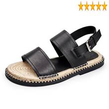 Zapatos de plataforma para hombre, sandalias romanas de cuero genuino, informales, planas, con hebilla y Punta abierta, para exteriores y playa, color negro, para verano 2024 - compra barato