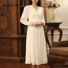 V-neck Chiffon Woman Dress 2021 Spring Elegant Woman Party Dress French Puff Long Sleeve Wedding with Button Retro Dress 13231 2024 - buy cheap