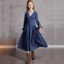 SeeBeautiful Vintage Pleated Stitching Loose A-line Denim Dress V-neck Flare Sleeve Button Woman Summer 2022 New Fashion E516 2024 - buy cheap