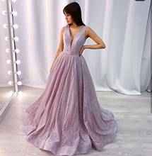Rosa vestidos de noite longo 2020 a linha sem mangas sexy com decote em v até o chão com tribunal trem formal vestidos de festa charming shinny 2024 - compre barato