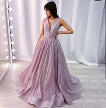 Vestidos de Noche Rosa largos, línea A, sin mangas, Sexy, cuello en V, longitud hasta el suelo, con tren de corte, vestidos de fiesta formales, brillantes y encantadores, 2020 2024 - compra barato