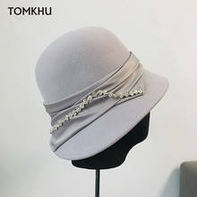 Sombrero de fieltro de lana para mujer, sombrero de cubo elegante con decoración de cinta, cálido, de Color sólido, para invierno y boda 2024 - compra barato