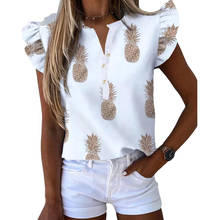 Женская рубашка с оборками, короткими рукавами, v-образным вырезом и принтом ананаса на пуговицах 2024 - купить недорого