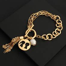 Flashbuy Gold Color Thick Chain Bracelet for Women Couple Creative Hollow Lover Tassel Pendant Bracelet Valentine's Day Gift 2024 - buy cheap