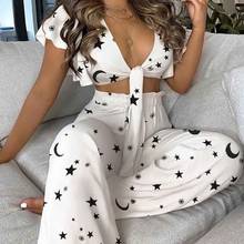 2021 New Style Women’s Short Sleeve Trousers Suit Fashion Printed V-neck Bandage Crop Top +High-waist Long Pants Summer Sets 2024 - buy cheap