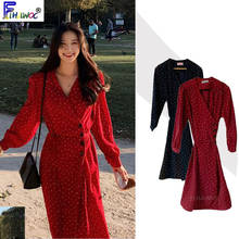 Vestidos data de ano novo para mulheres, vestido de manga comprida elegante, de bolinhas, ponto vermelho e azul, vestido estilo coreano 2020 2024 - compre barato