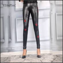 Fashion Embroidery PU Stretch Legging Thicken Women Cute Printing Pencil Pants High Waist Lady Warm Slim Faux Leather Trousers 2024 - buy cheap