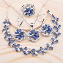 Conjunto de joyería Chapado en plata y cristal azul delicado para mujer, pulsera, collar, pendientes, anillo, QS0716, boda, novedad de 2020 2024 - compra barato