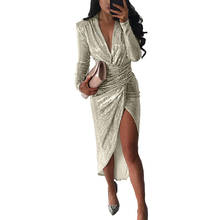 Women Hip-wrapped Dress V-neck Long-sleeved Dinner Party Split Pleated Dress HSJ88 2024 - buy cheap