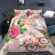 Eiffel Tower Duvet Cover Queen Old Newspaper Bedding Set Retro Bicycle Flower Comforter Cover Paris France Printed Bedspread 2024 - buy cheap