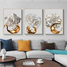 White Rose Flower Golden Ink Splash Abstract Poster Nordic Art Plant Canvas Painting Modern Wall Picture for Living Room Decor 2024 - buy cheap