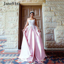 JaneVini Elegant Pink Long Prom Dresses 2020 Strapless Lace Appliques Sleeveless A Line Satin Dress Vestido De Noiva Plus Size 2024 - buy cheap