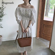 Chic Summer Women Dress Flowers Slash Neck Puff Sleeve Cotton Dress Casual Elegant High Waist Long White Dress Vestido 14224 2024 - buy cheap