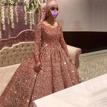 Rose Gold O-Neck Long Sleeves Wedding Dresses 2020 Dubai Sequins Sparkle Luxury  Sexy Bridal Gowns BHA2294 Custom Made 2024 - buy cheap