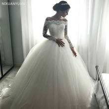 Off Shoulder Long Sleeves Ball Gown Wedding Dresses Bateau Neck Appliques Tulle Floor Length 2021 Elegant Bridal Dresses 2024 - buy cheap