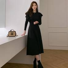 Spring Women Knitted Pleated Midi Dress New 2020 Fashion Ruffles Long Sleeve Black Sweater Dress Office Lady Bow Knit Long Dress 2024 - buy cheap