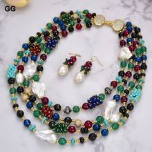 GuaiGuai-Conjunto de collar y pendientes, joyería de 4 hebras, Perla blanca Keshi, ágata, Jade, turquesa, gemas, piedra Cz 2024 - compra barato